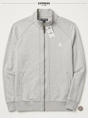 Express Men's Full Zip Mock Neck Track Jacket Lt Gray Heather Lion Logo Medium